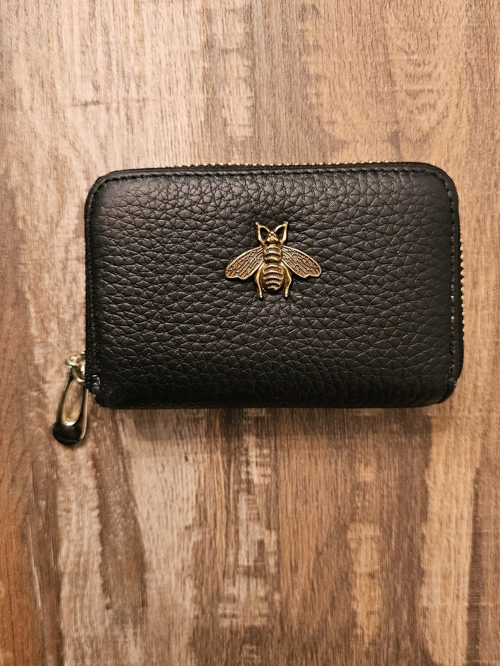 Black Leather Zip Card Wallet with Gold Bee Accent